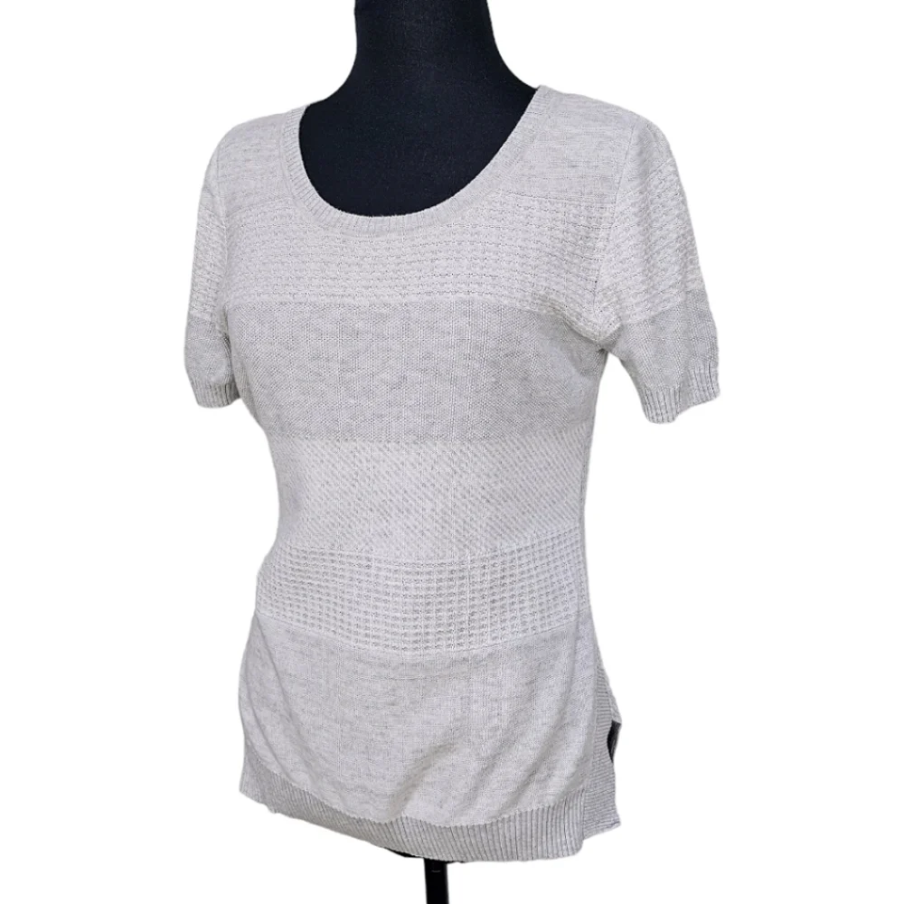 OST Cotton Pointelle Knit Gray White Short Sleeve Split Hem Light Boho Sweater